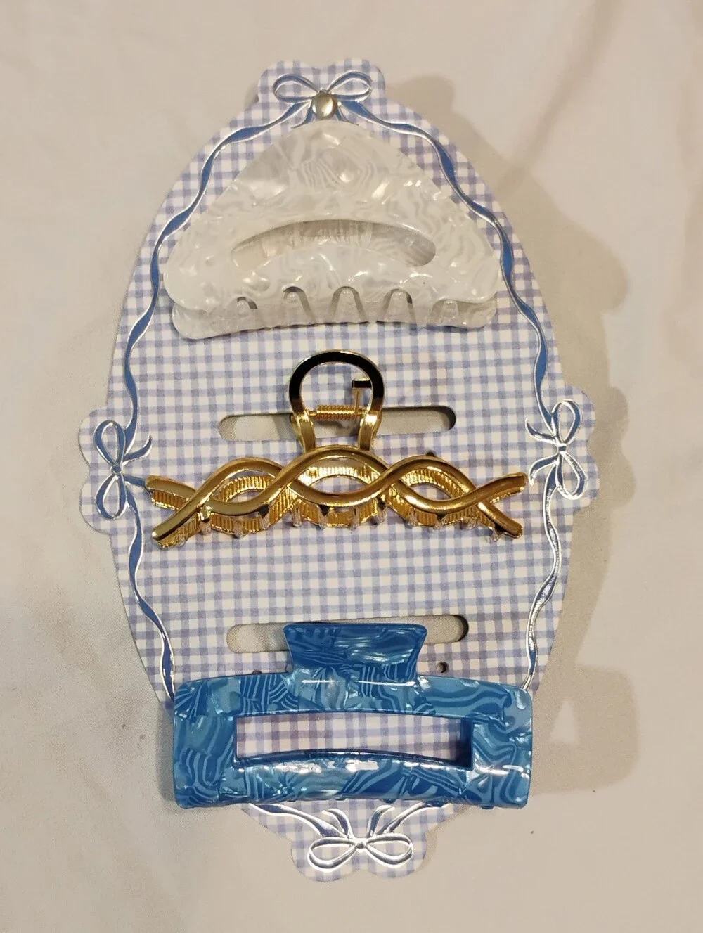 Set of 3 Decorative Hair Claws in White, Gold & Blue